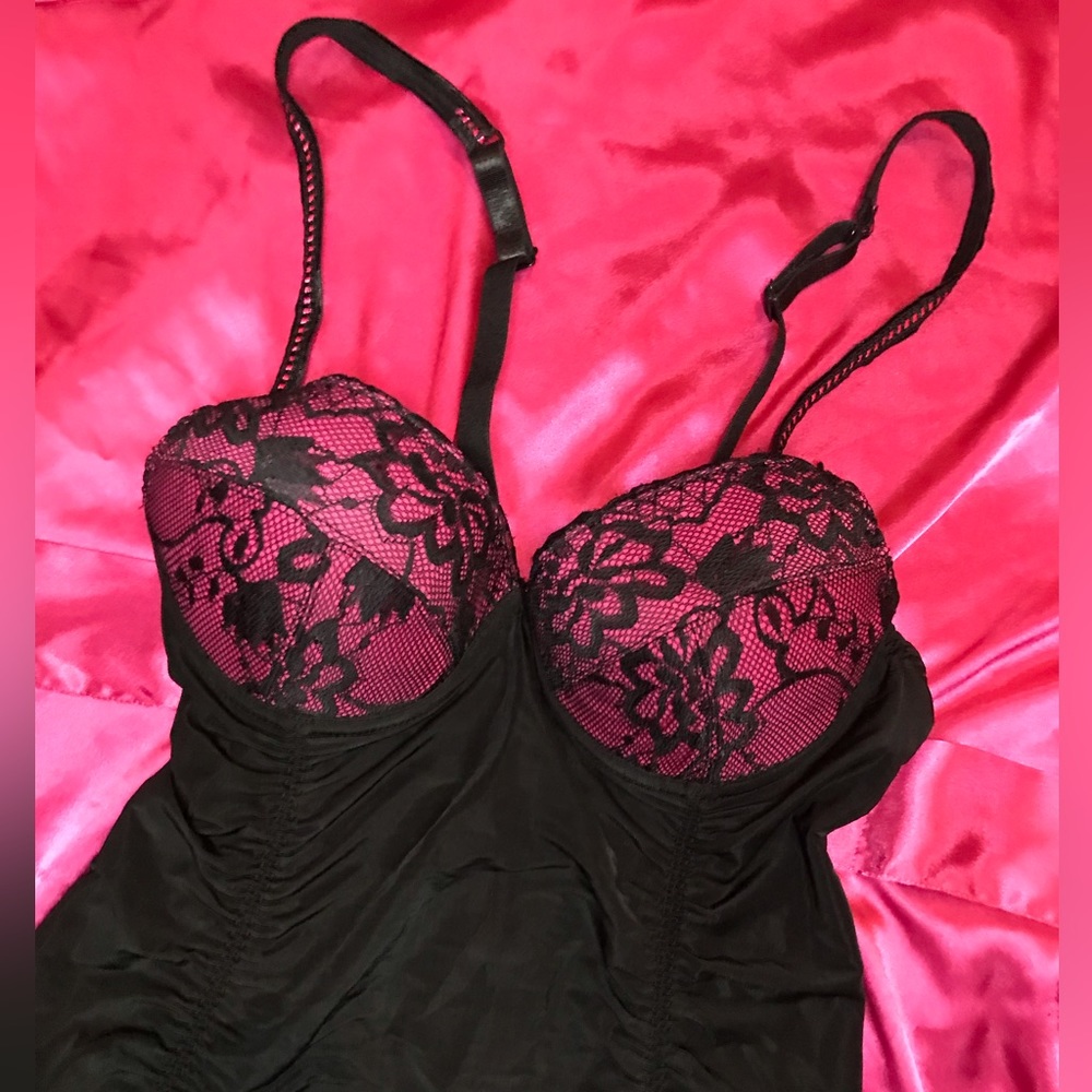 💗3/$15 Black pink lace lingerie push up chemise camisole bow detail sexy - Picture 4 of 11